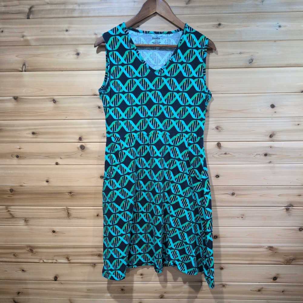 Svaha DNA Double Helix Science Dress Womens 12 Green Teal Organic Cotton Pockets